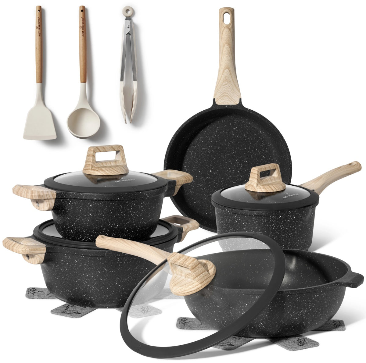 Just Perfecto 14-Pieces Nonstick Granite Pots and Pans Cookware Set wi