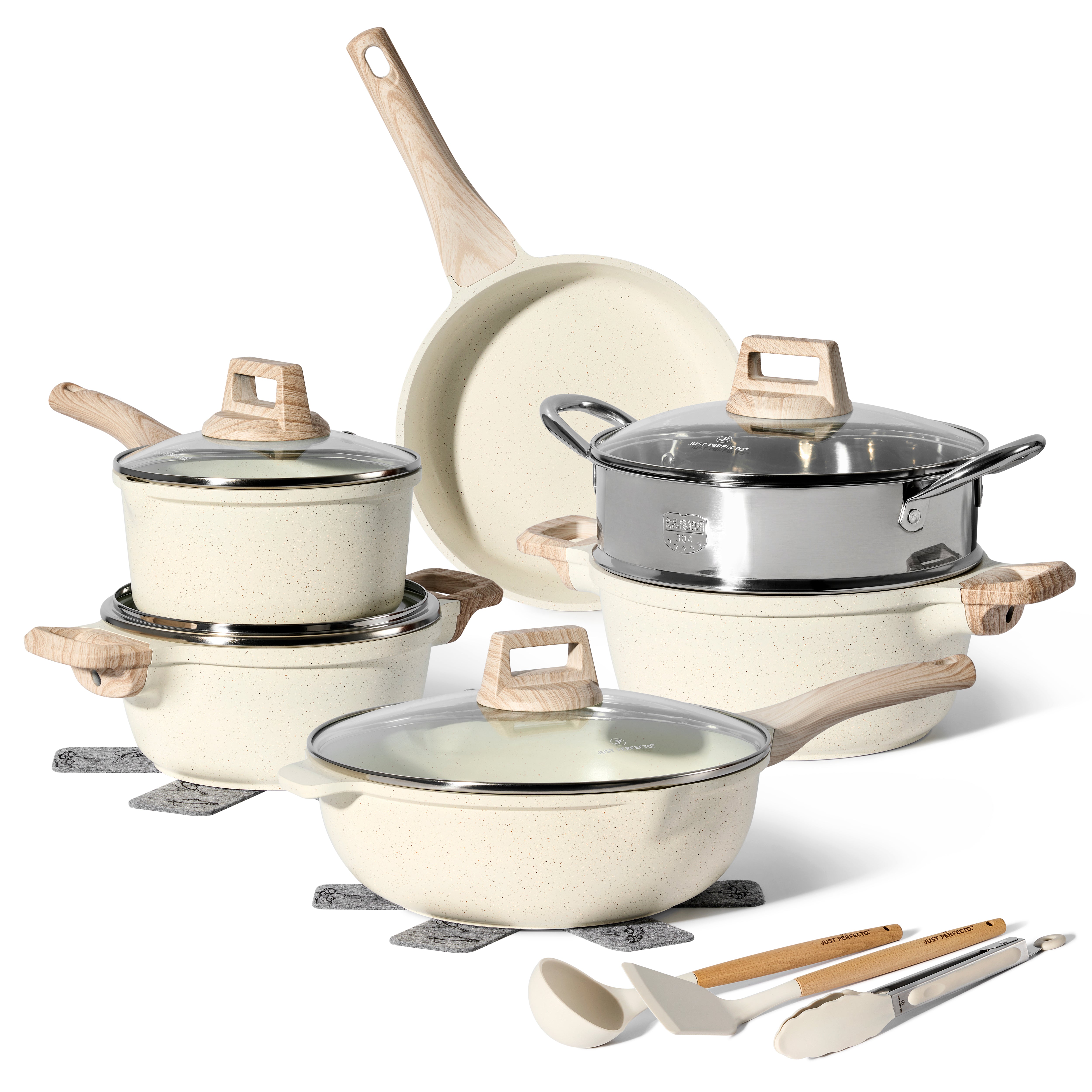 JUST PERFECTO Non-Stick Granite Saucepan with Lid 18cm/1.8L (Beige)