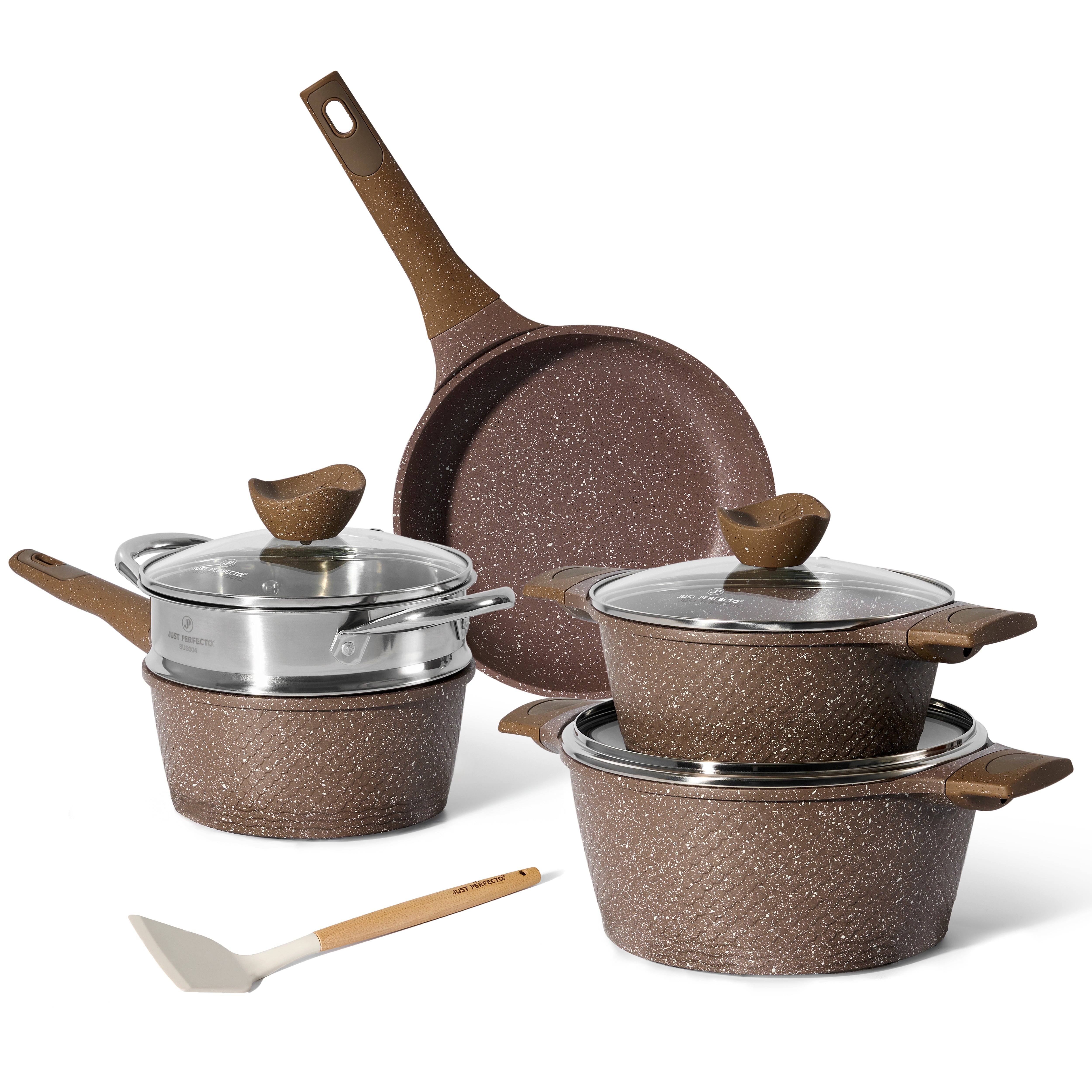 Just Perfecto 9-Pieces Nonstick Granite Pots and Pans Cookware Set with  Steamer (Brown)