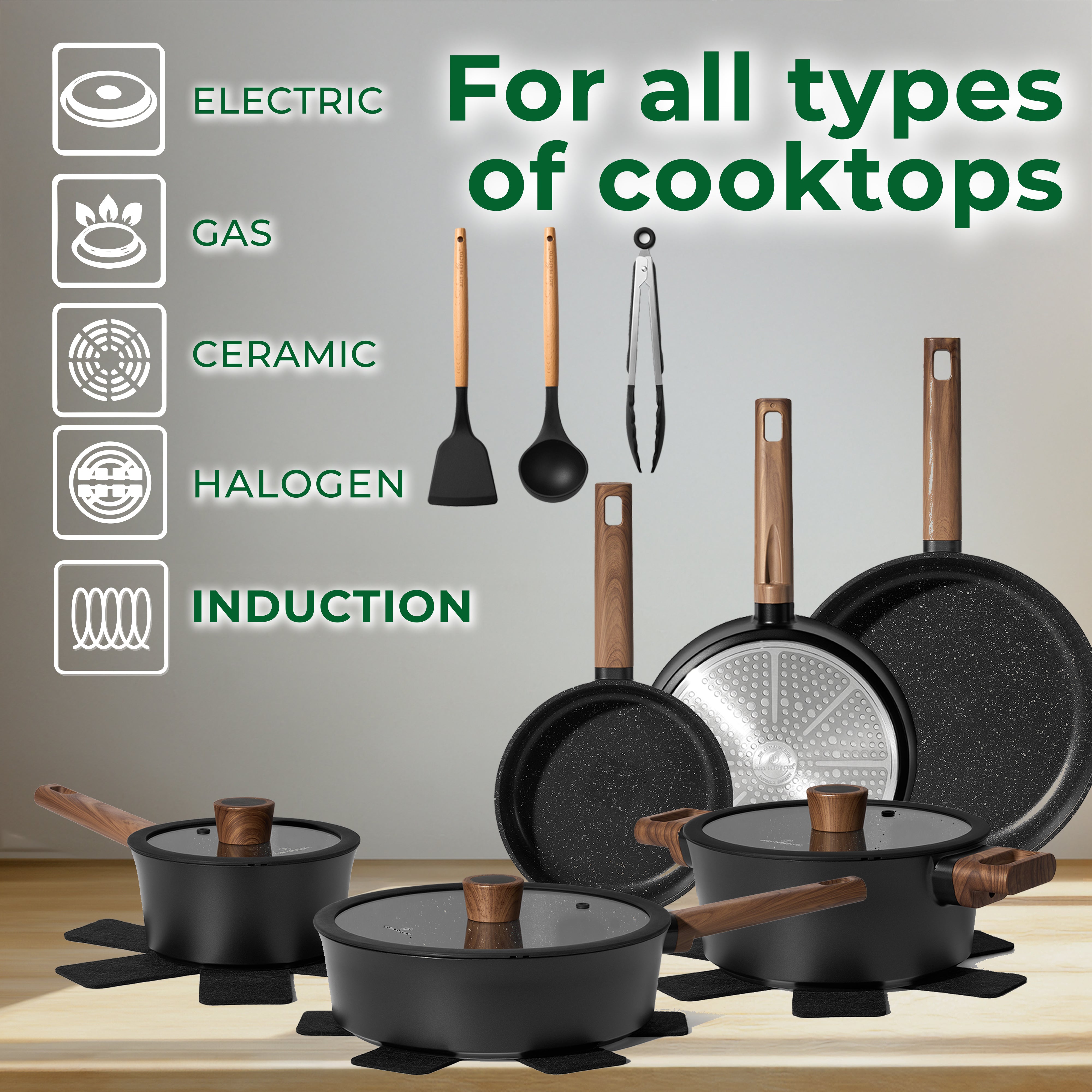 Induction Cookware Set 15 Piece – Non-Stick Frying Pans & Saucepan Set ...