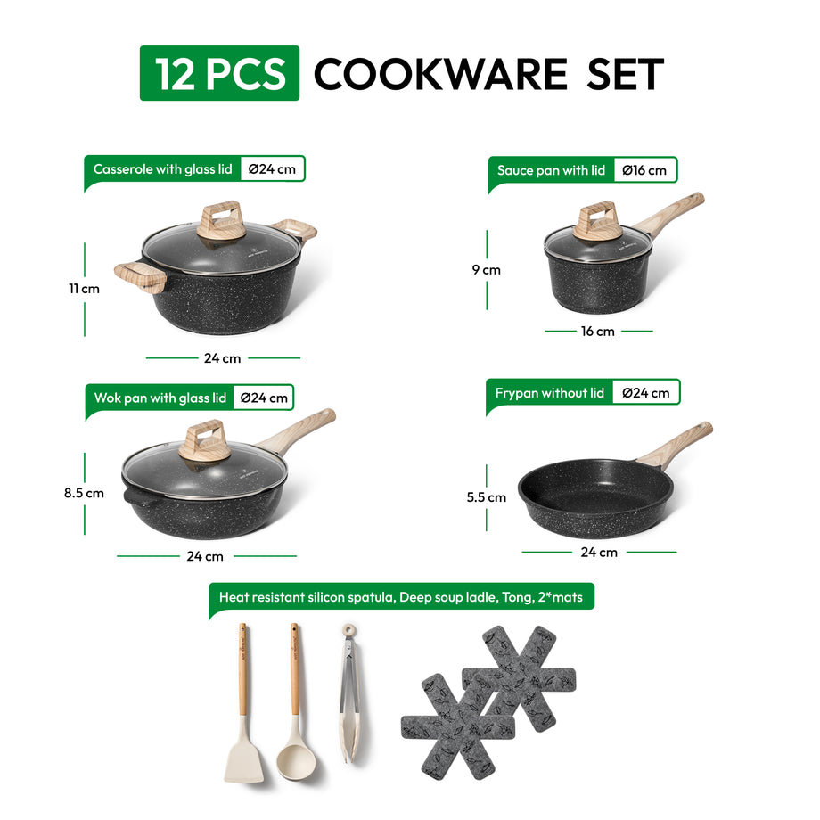Just Perfecto 14-delige Pannenset - Zwart, Geschikt Voor Gas En Inductie Met Deksel En Koudgrepen Pfas Vrij Just Perfecto 14-delige Pannenset - Zwart, Geschikt Voor Gas En Inductie Met Deksel En Koudgrepen Pfas Vrij