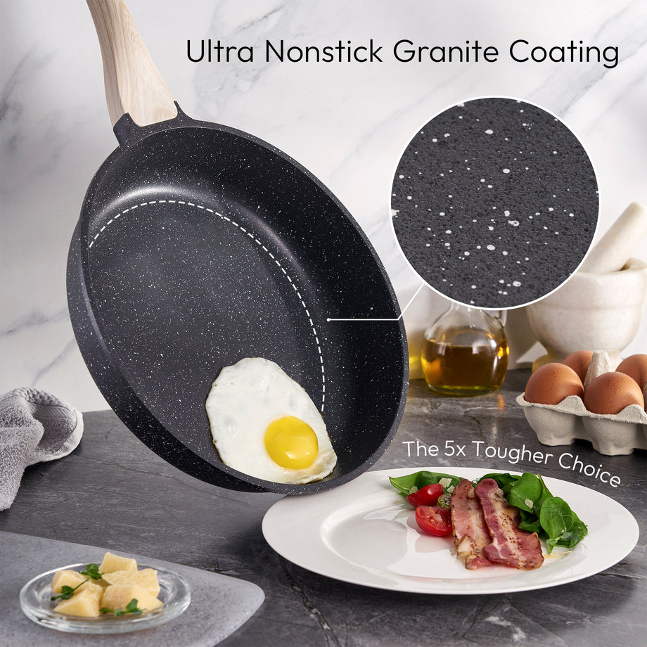 Lot 6 Casseroles & Poêles Granit Noir Antiadhésif - Ensemble Complet Cuisine Saine & Facile